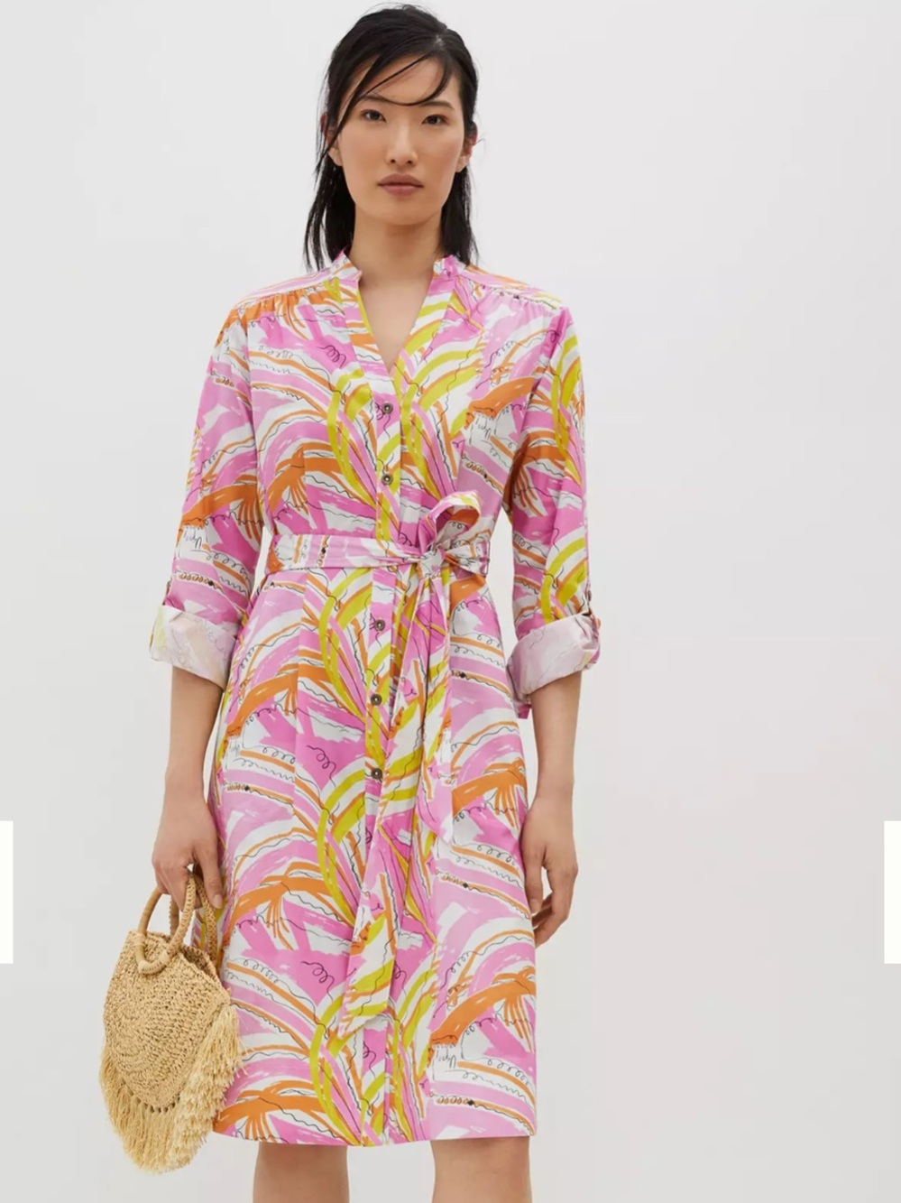 Vera for Anthropologie Pink and Orange Abstract Print Button Down Shirt Dress LP